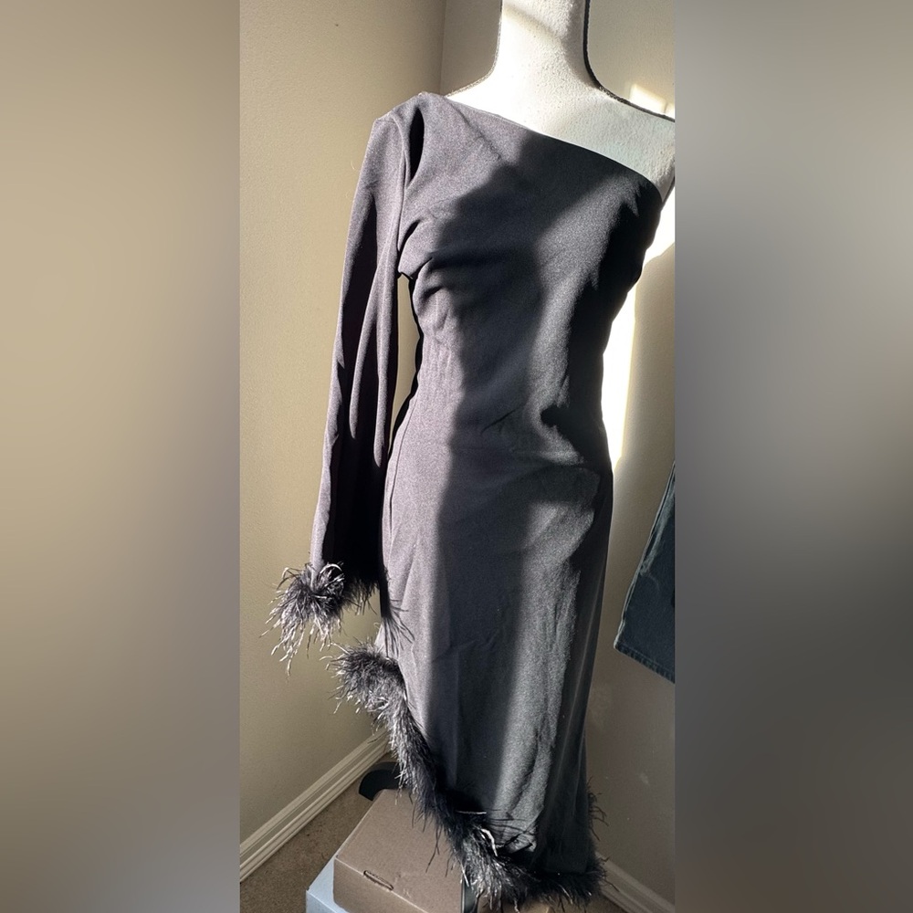 Petal & Pup Black Long Sleeve Dress with Feather Trim